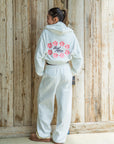 フラワーステッチクロップドジップフーディー - WHT