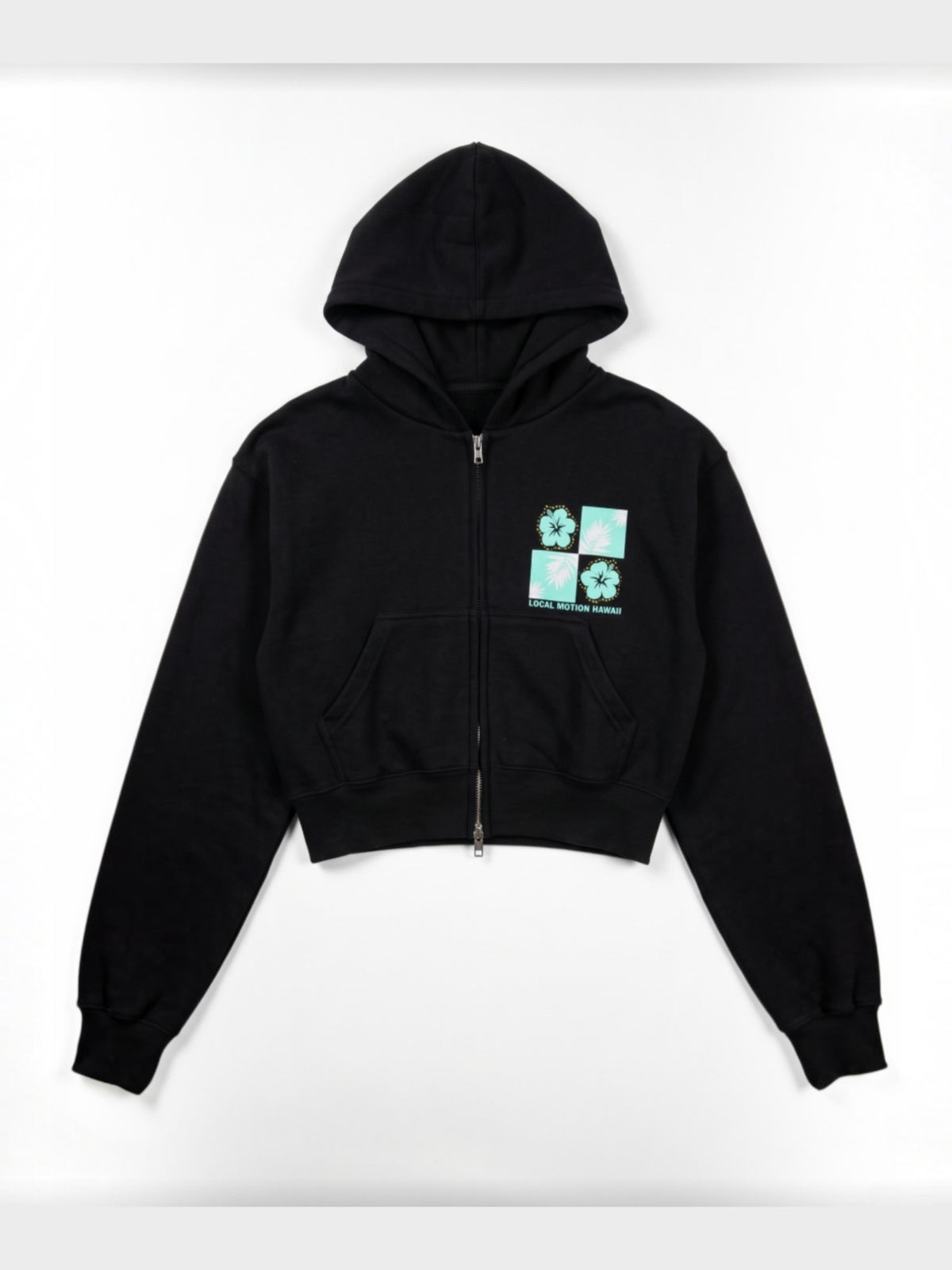 ラインストーンプリントクロップドジップフーディー - BLK