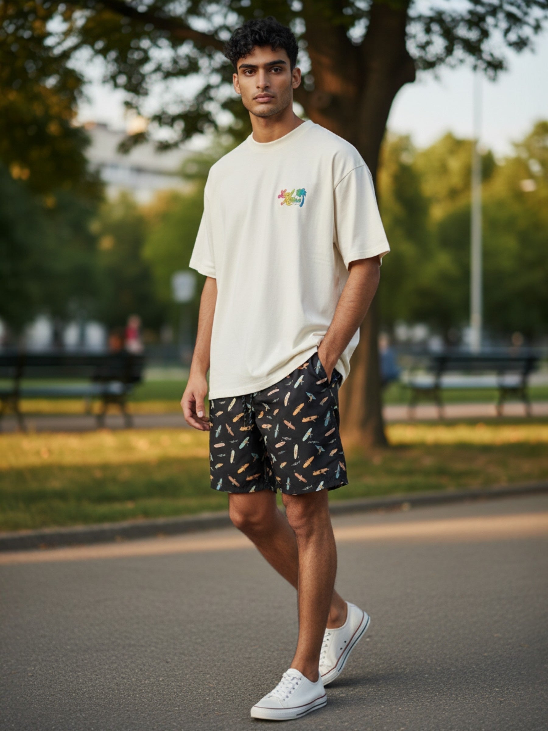 サーフ柄ハイブリッドショーツ - BLK