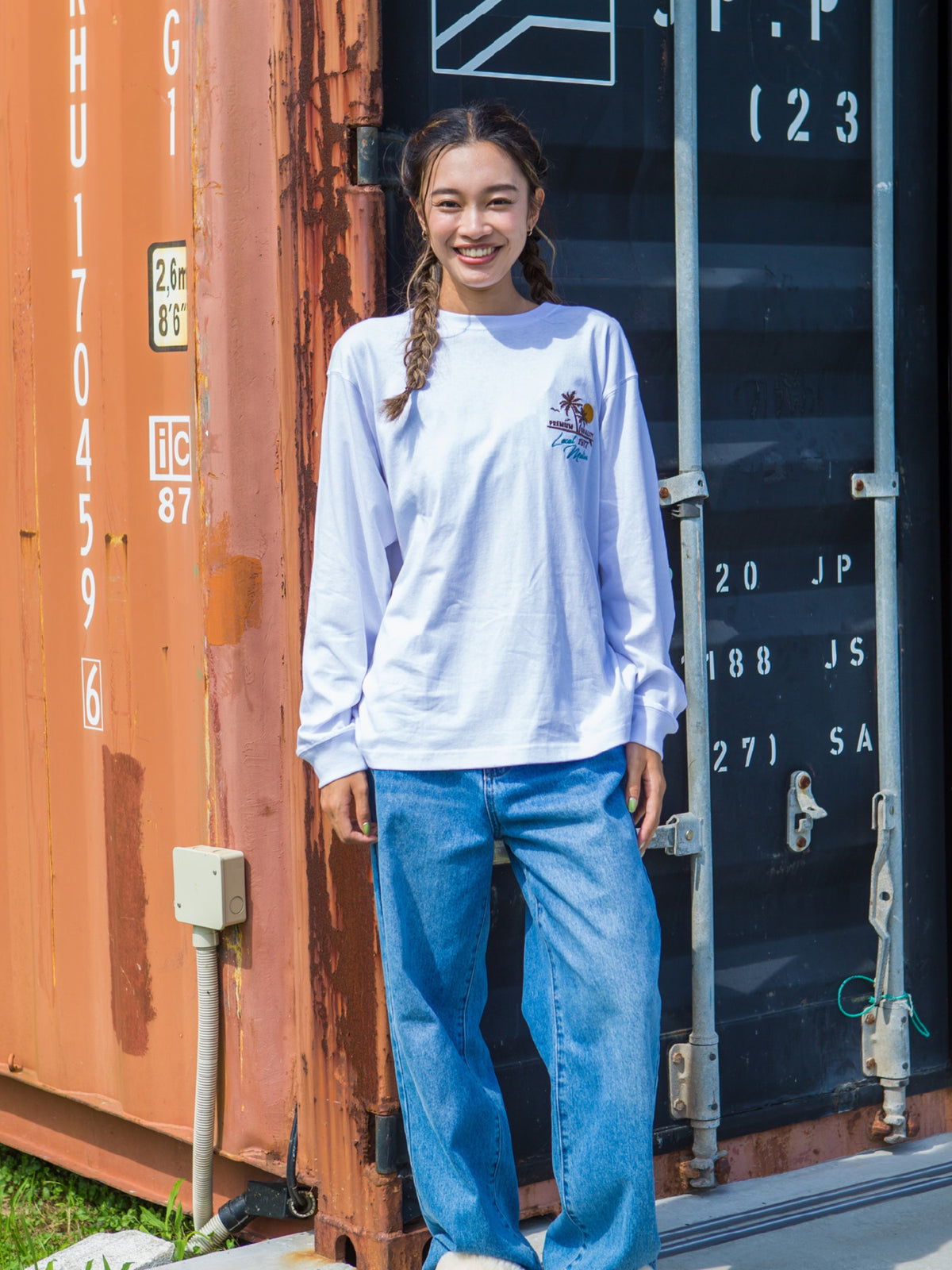 アロハハワイサークル刺繍ロングTシャツ - WHT