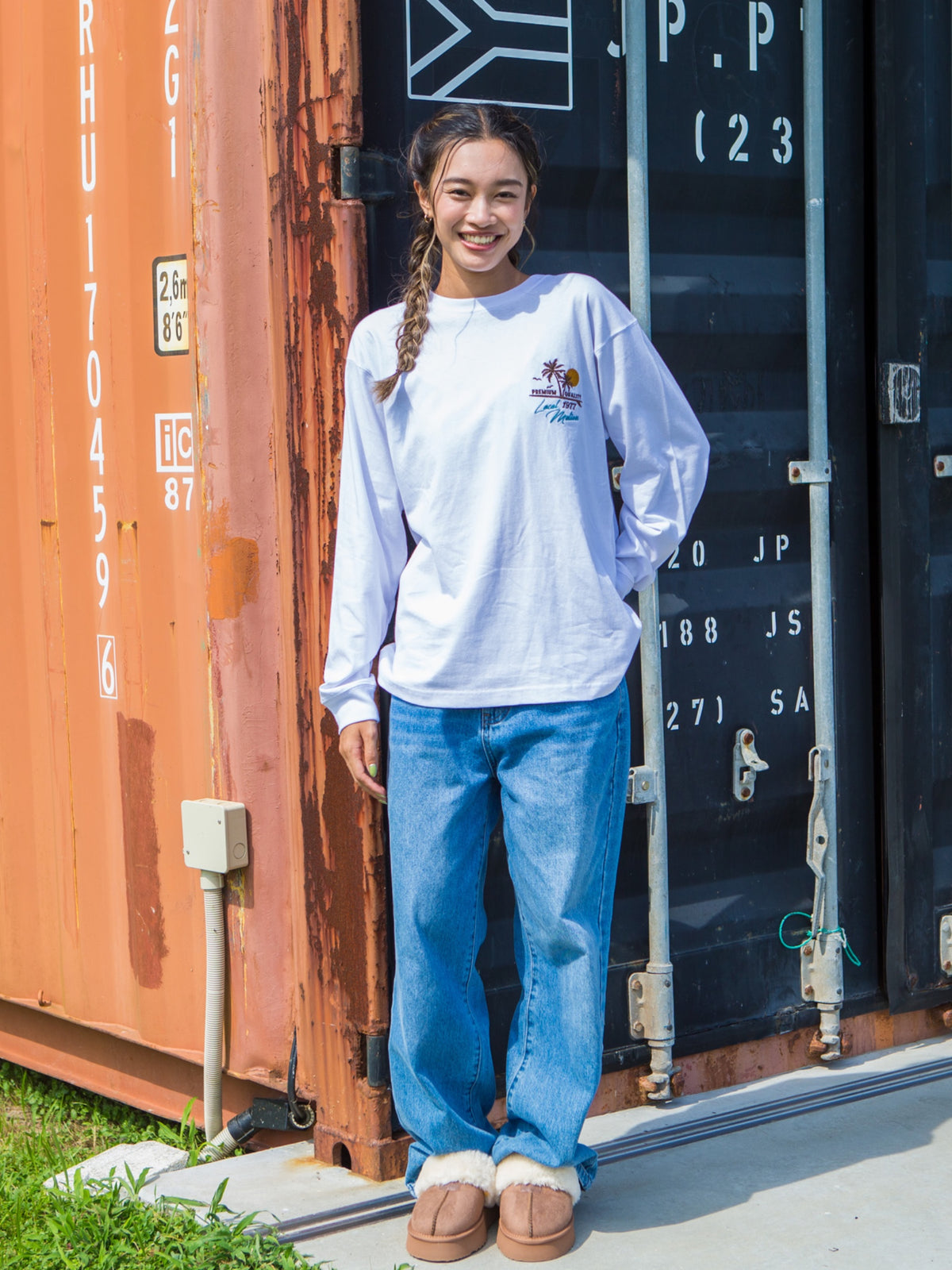 アロハハワイサークル刺繍ロングTシャツ - WHT