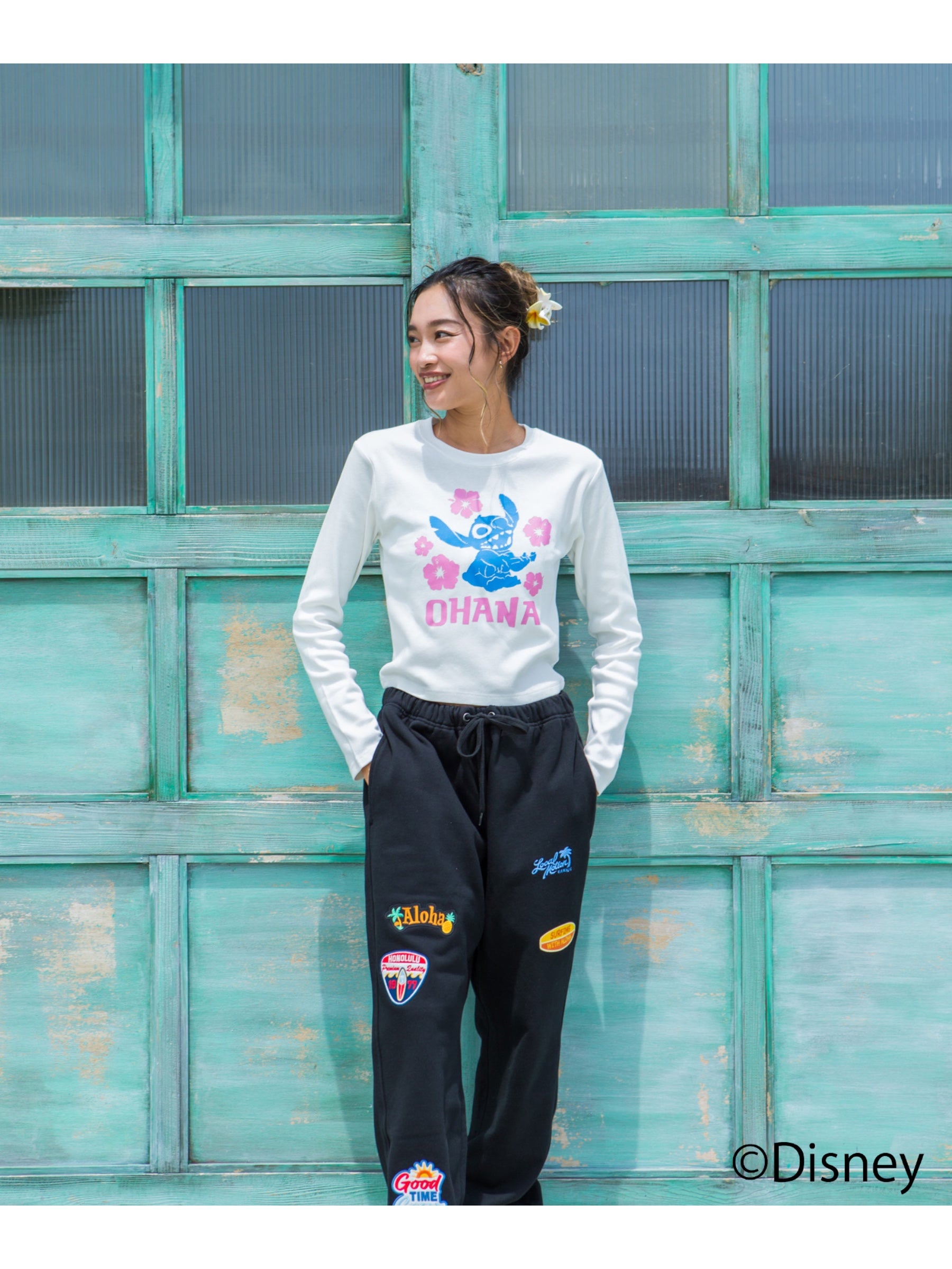 スティッチハイビスカスミニ長袖Tシャツ - WHT